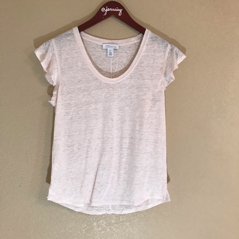 Blush pink linen fluttery cap sleeved blouse euc